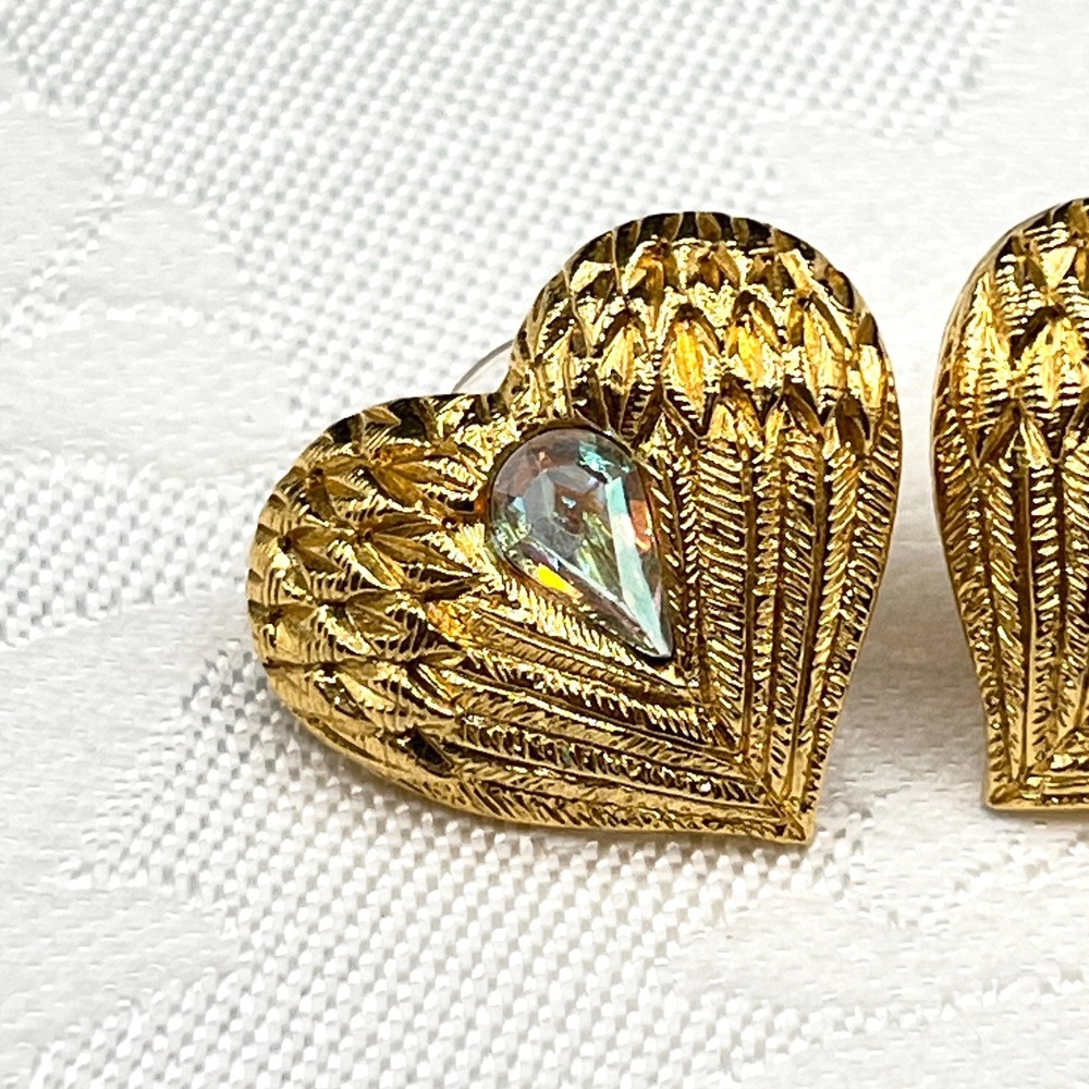 Kirks Folly Angel Wings Heart Earrings - Gold Tone & Crystal AB Rhinestones - Picture 2 of 8